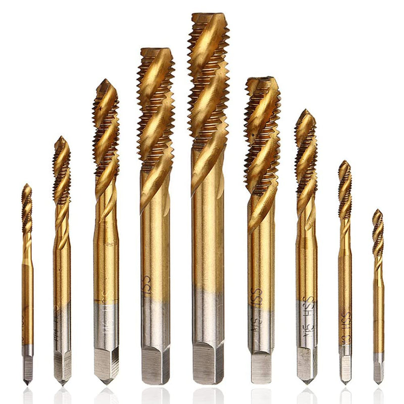  [AUSTRALIA] - Mesee 9 pieces spiral tap, HSS titanium coated tap, spiral groove drill machine tap set, metric thread steel tap set tools - M2 M2.5 M3 M4 M5 M6 M8 M10 M12