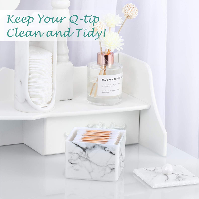  [AUSTRALIA] - MoKo Q-Tip Holder, Cotton Buds Swabs Balls Pads Dispenser Container Canister with Lid, Beauty Supplies Organizer Jewelries Box for Bathroom Bedroom Dresser Counter-top – White Marble