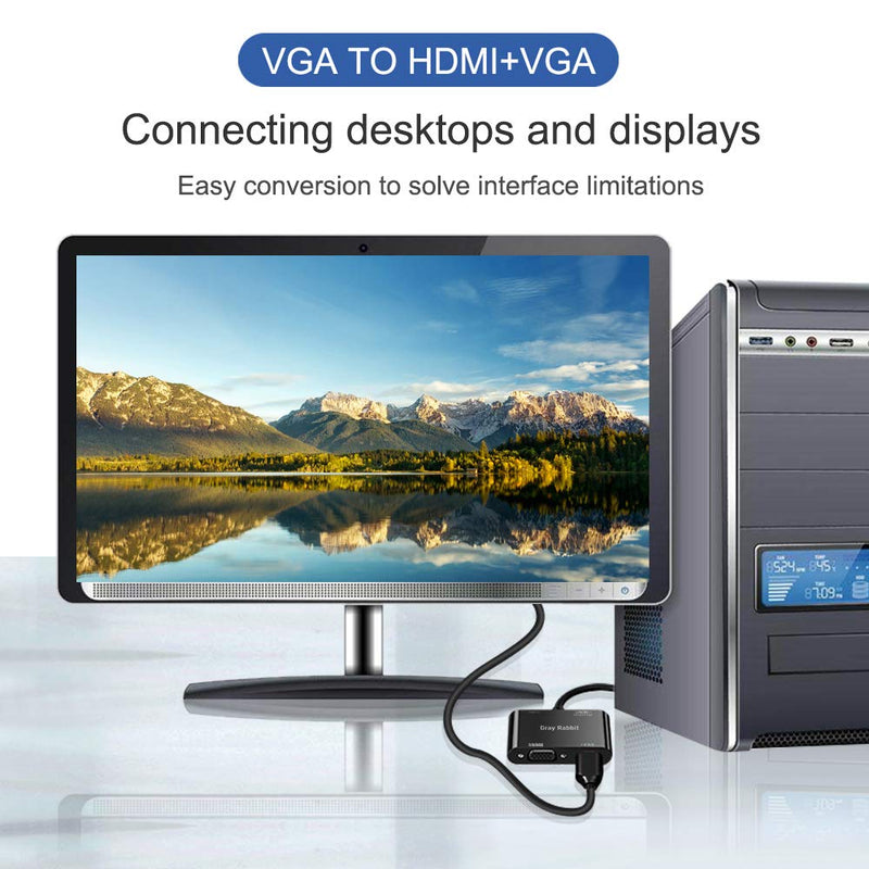  [AUSTRALIA] - VGA to HDMI VGA Adapter, Gray Rabbit 1080P VGA Splitter (1 in 2 Out) for Computer, Desktop, Laptop, PC, Monitor, Projector (Black) Black