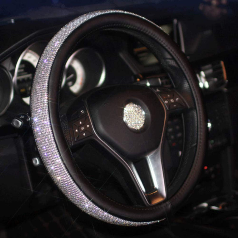  [AUSTRALIA] - ALVAZA Genuine Leather Bling Bling Crystal Rhinestone Steering Wheel Cover with Car Gear Shift Knob Cover Handbrake Cover Safety Belt Cover Anti-Slip for Vehicles SUV black-sp4