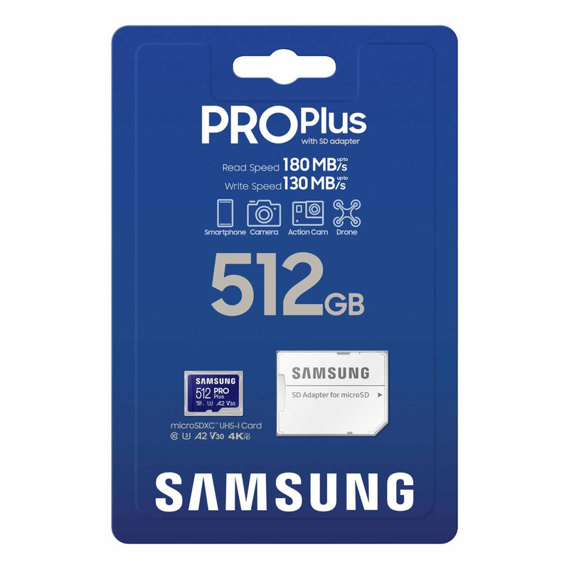  [AUSTRALIA] - SAMSUNG PRO Plus microSD Memory Card + Adapter, 512GB MicroSDXC, Up to 180 MB/s, Full HD & 4K UHD, UHS-I, C10, U3, V30, A2 for Android Phones, Tablets, GoPRO, DJI Drone, MB-MD512SA/AM, 2023 New PRO Plus Read/Write 180/130MB/s
