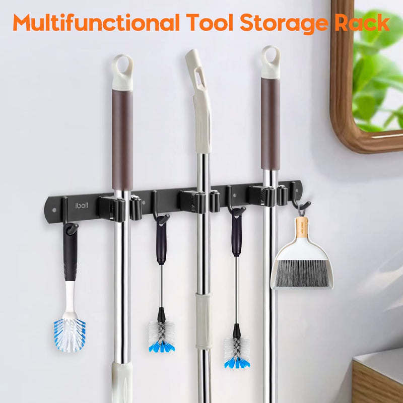  [AUSTRALIA] - Broom holder wall, IBELL device holder wall mount stainless steel with 3 holders and 4 hooks, garden tool holder, broom holder, mop holder, self-adhesive tool holder, wall hook without drilling for garden, garage, 1 piece, 3 holders, 4 hooks (43 cm)