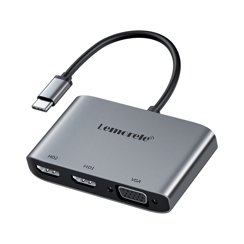  [AUSTRALIA] - USB C to Dual HDMI VGA Adapter, Lemorele 4 in 1 Type C (Thunderbolt 3) to VGA HDMI Splitter Converter with 3.5mm Audio Port, for MacBook Pro/Air, Dell XPS 13/15, Chromebook, Galaxy S9/S8, Surface Pro Dual HDMI + VGA