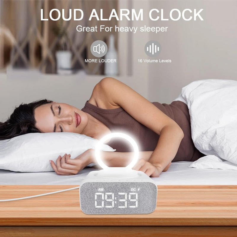  [AUSTRALIA] - AXFEE Digital Alarm Clock FM Radio, Bedside Radio Alarm Clock with USB Charger, Bluetooth Speaker, Wireless Charger, Dimmable LED Display, Adjustable LED Night Light, Alarm Clocks for Bedroom