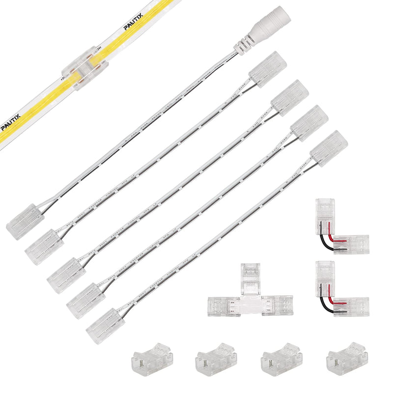  [AUSTRALIA] - COB LED strip connector set for 8mm width COB strip 2Pin, 4 pieces transparent center connectors, 2 pieces L-shape, 1 piece T-shape and 4 pieces dual-end extension wires 15cm with 1 piece DC 8mm COB connector upgraded