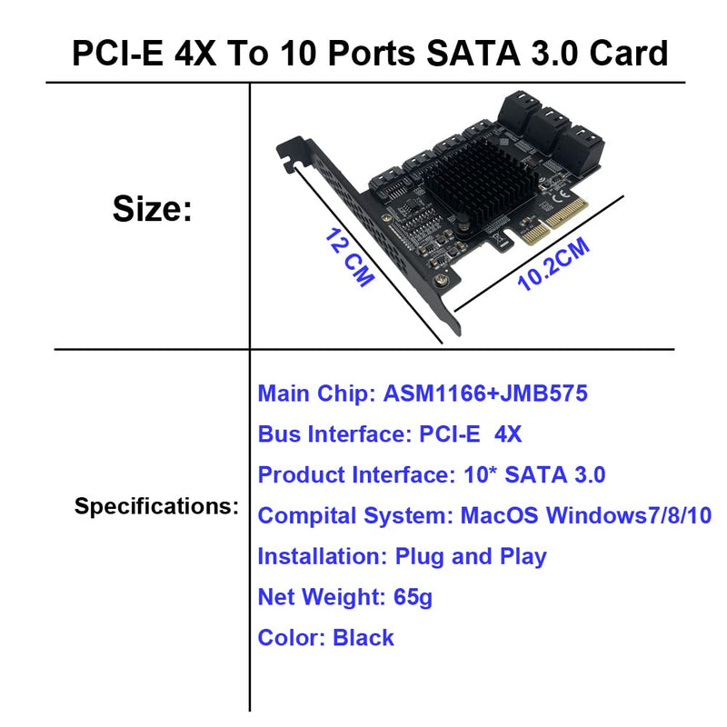  [AUSTRALIA] - PCI-E SATA Expansion Card 10 Ports PCIe x4 to SATA 3.0 6Gbps Expansion Controller Adapter Card with 10 SATA Cables and Low Profile Bracket, Non-Raid( ASM1166+JMB575 )