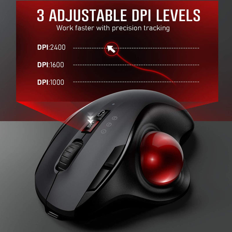  [AUSTRALIA] - Wireless Trackball Mouse, Vssoplor USB & Bluetooth Rollerball Mouse, Easy Thumb Control, 800 / 1600 /2400 DPI, Type-C Rechargeable Ergonomic Mouse for Laptop, PC, iPad, Windows, Mac, Android (Black)