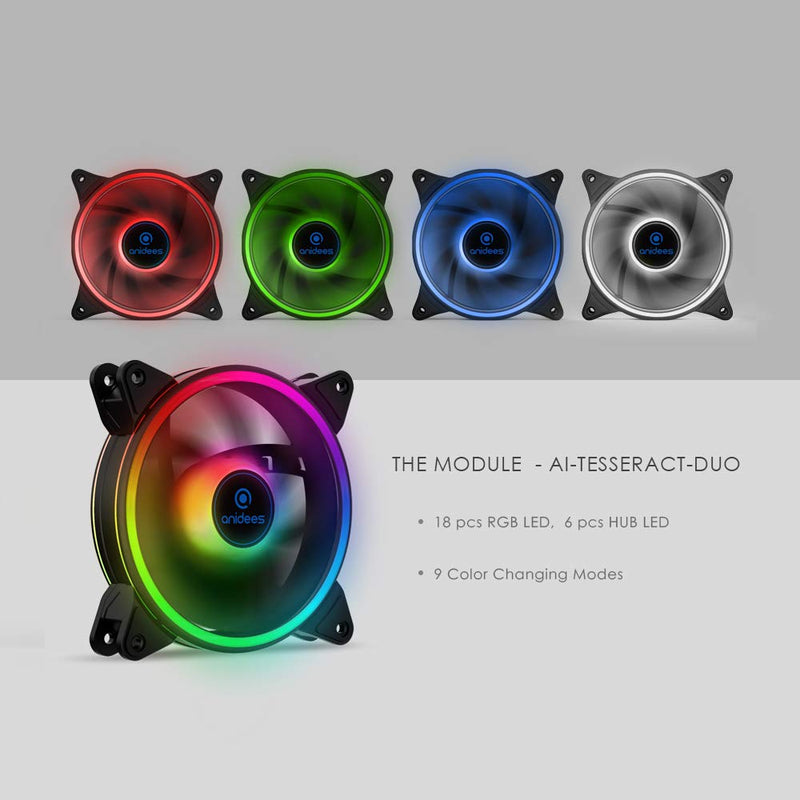  [AUSTRALIA] - anidees AI Tesseract Duo 120mm RGB PWM Fan x3 Compatible with ASUS Aura SYNC/MSI Mystic/GIGABYTE Fusion MB with 5V addressable RGB Header, for case Fan, Cooler Fan, with Remote(AI-Tesseract-Duo) 120 DUO