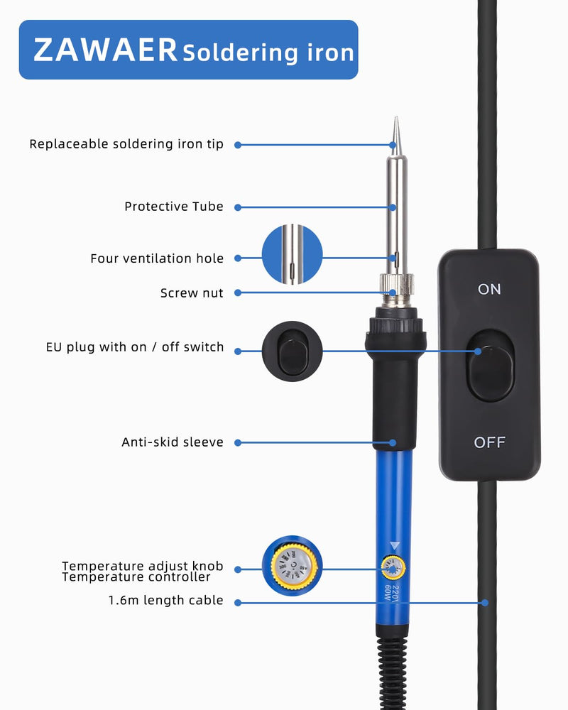  [AUSTRALIA] - Zawaer soldering iron set, soldering iron 16 in 1 soldering set 60W soldering station with temperature adjustable 200-450°C, 5 soldering tips, desoldering pump, solder, tweezers, soldering set for electrical work and household use.