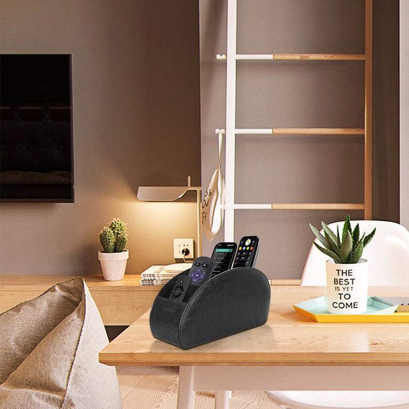  [AUSTRALIA] - SITHON Remote Control Holder with 5 Compartments - PU Leather Remote Caddy Desktop Organizer Store TV, DVD, Blu-Ray, Media Player, Heater Controllers, Black Small