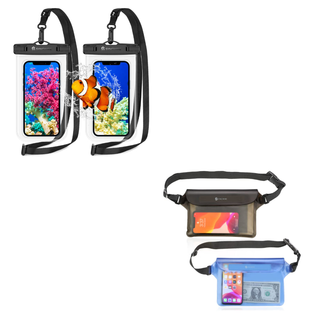  [AUSTRALIA] - Syncwire IPX8 Waterproof Phone Pouch with Lanyard 2 Pack & IP68 Waterproof Fanny Bag with Adjustable Waist Strap 2 Pack for iPhone Samsung Galaxy and More, Beach Accessories, Vacation Must Haves