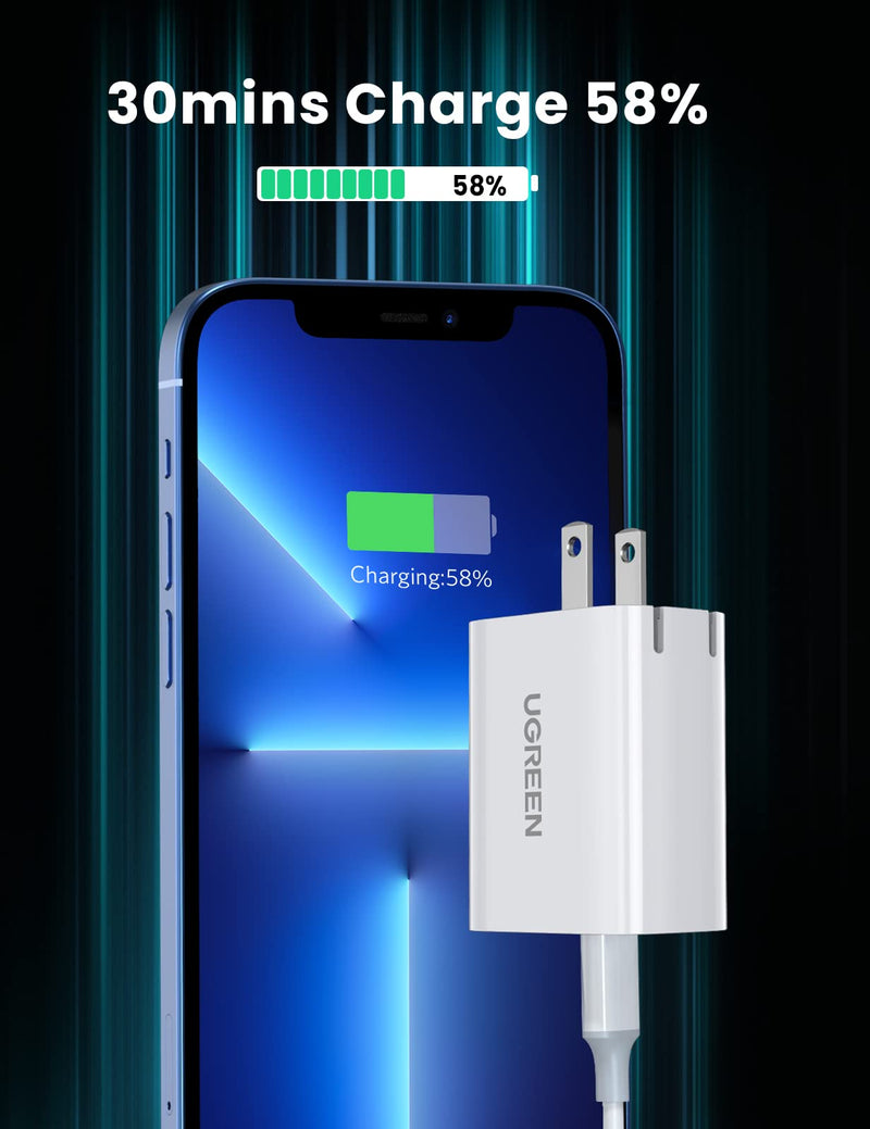  [AUSTRALIA] - UGREEN 20W USB C Fast Charger with 3FT USB C to Lightning Cable MFi Certified Charging Cable, Foldable Charger Compatible for iPhone 14/13/12, iPad, AirPods Pro, and More