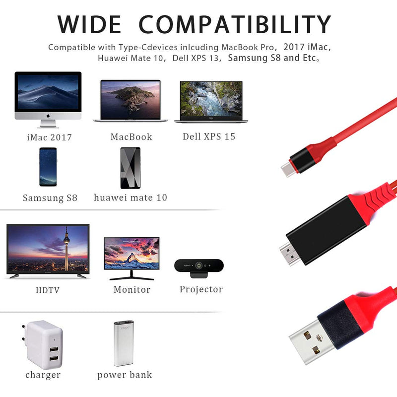  [AUSTRALIA] - USB C to HDMI Adapter with USB Cable, AWADUO Type c to HDMI Adapter 4K 30Hz Compatible with MacBook 2018 iPad Pro,iMac,ChromeBook Pixel,Galaxy S9 Note9 S10 Surface Book Pro- 6.6FT (6.6FT, Red)