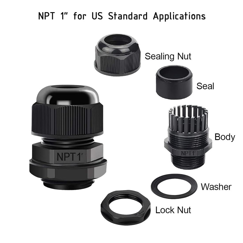  [AUSTRALIA] - LeMotech 5 Pack NPT 1" Cable Glands Waterproof Adjustable 18-25mm Cable Connectors Black Nylon Joints with Gaskets 1inch 5-pack