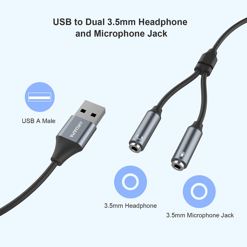  [AUSTRALIA] - USB Headset Adapter,ANDAPA USB Audio Adapter Stereo External Sound Card with 3.5mm Headphone and Microphone Jack for Windows Mac Linux PC Laptops Desktops PS5 22cm