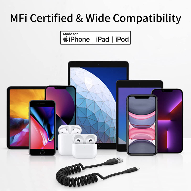  [AUSTRALIA] - Coiled Lightning Cable, 2 Pack Retractable iPhone Charger Cord for Car [MFi Certified] Short Apple CarPlay Cable Compatible with iPhone14/13/12/11 Pro Max/XS MAX/XR/XS/X/8/7/Plus/6S iPad/iPod USB-A to Lightning Coiled 3 FT