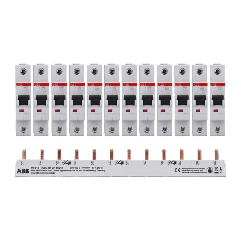 [AUSTRALIA] - ABB set of 12x circuit breakers S201-B16 + 1x phase rail PS3/12