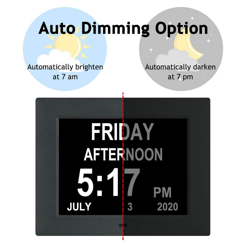  [AUSTRALIA] - Johnziny 7inch-Digital Calendar Day Clock- 8 Alarms Auto-Dim Battery Backup Extra Large Non-Abbreviated Dementia Clocks Alzheimer Memory Loss Vision Impaired Alarm Clock for Seniors Elderly(Black)