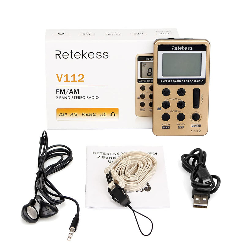  [AUSTRALIA] - Retekess V112 AM FM Radio Portable, Mini Radio with Earphone Pocket, Digital Tuning Rechargeable Battery LCD Display for Walking Jogging(Gold) Gold