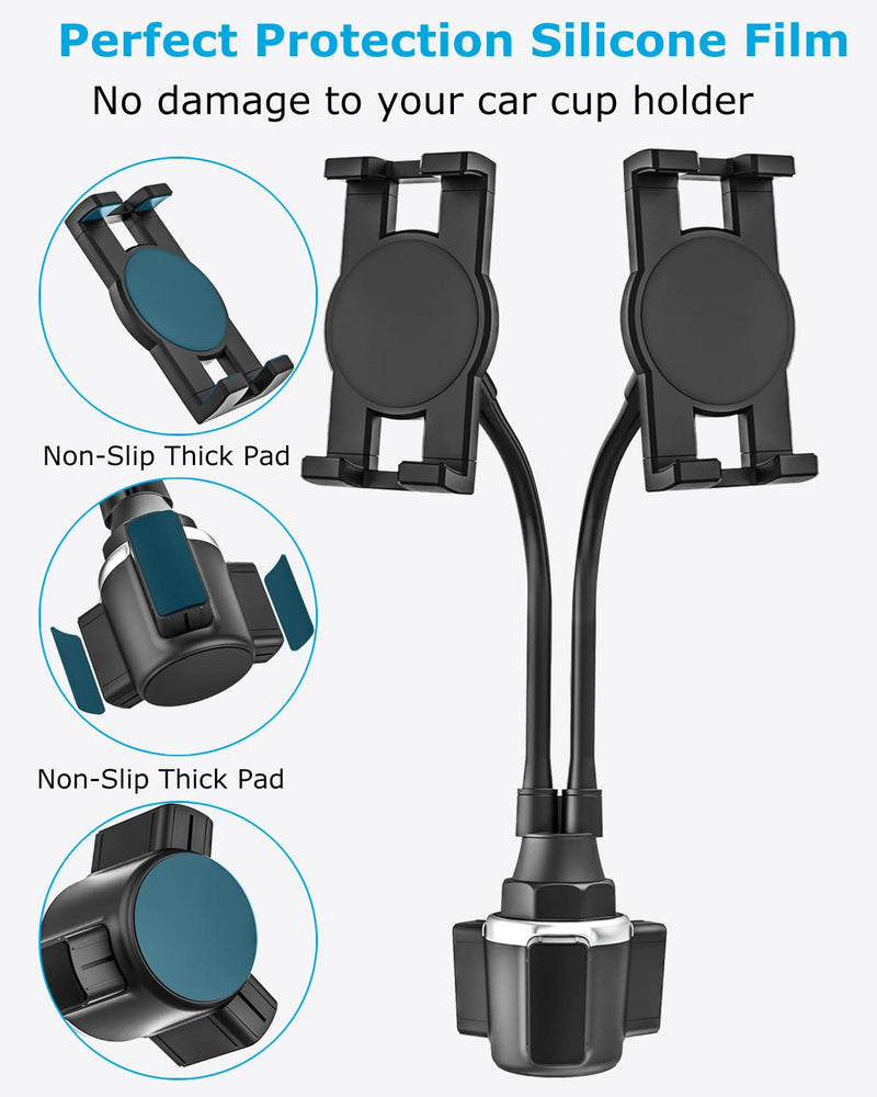  [AUSTRALIA] - Dual Cup Holder Tablet Car Mount for 4.7"-12.9" Phone & iPad - Phichy Gooseneck Double Tablet Mount for Car, Cup Car Tablet Holder Stand Compatible with iPad Pro/Air/Mini, Galaxy Tabs, iPhone, Tablets