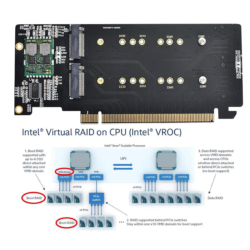  [AUSTRALIA] - Chenyang CY M.2 NVME Gen 3.0 Adapter M.2 NVME AHCI X4 to PCIE Express 3.0 Gen3 X16 Raid Card VROC Raid0 Hyper Adapter Black 4xNVME