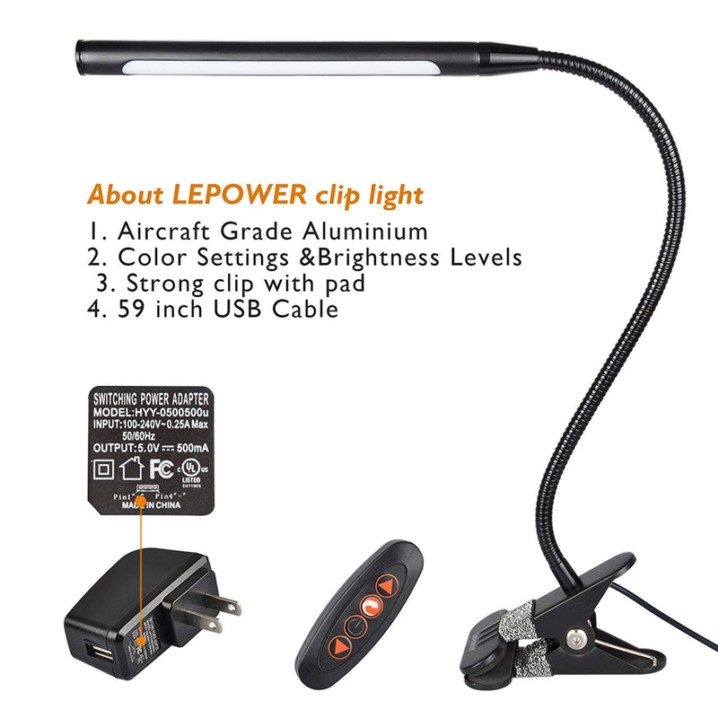 LEPOWER Led Clip on Light, Reading Light for Bed, 4W Night Book Light Clamp, 3 Color Temperature Settings Stepless Adjustable Brightness for Desk, Bed Headboard, Computer and Piano Black - LeoForward Australia