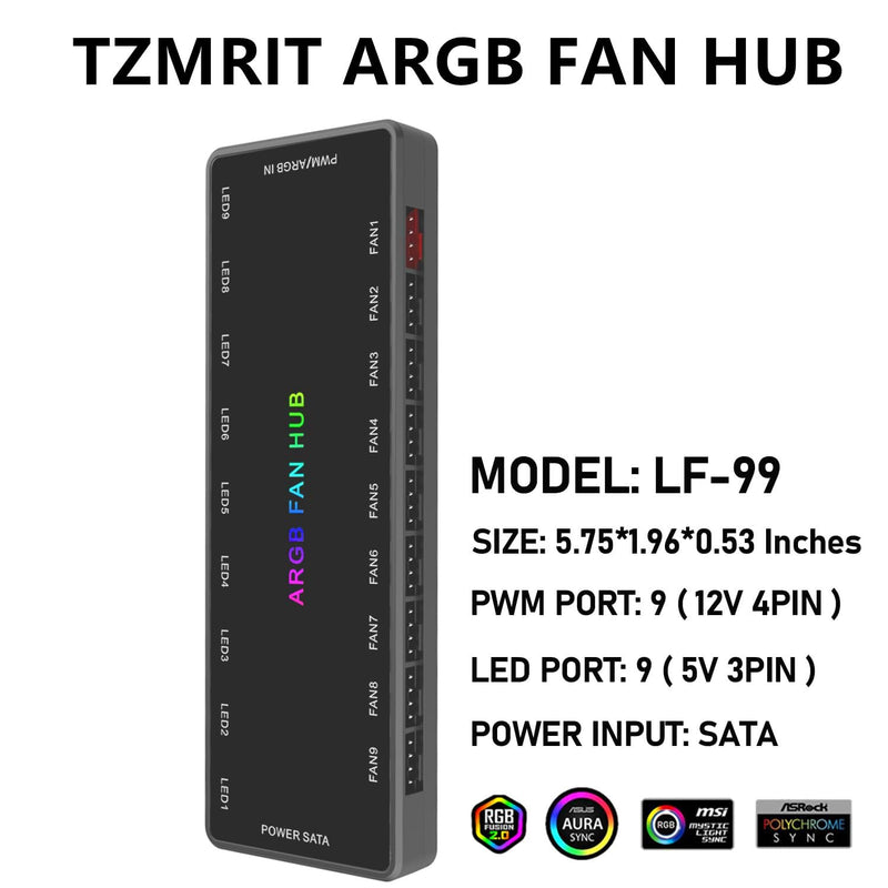  [AUSTRALIA] - ARGB PWM Fan Hub, Addressable 5V 3Pin ARGB & 12V 4Pin PWM 2-in-1 RGB Case Fan Hub with Hidden Magnetic Base and SATA Power 18 Port, Support 9 Computer CPU Fans Splitter