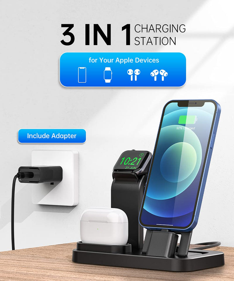  [AUSTRALIA] - Tinetton 3 in 1 Charging Station Compatible with Apple Watch iPhone AirPods with 10W Adapter Black