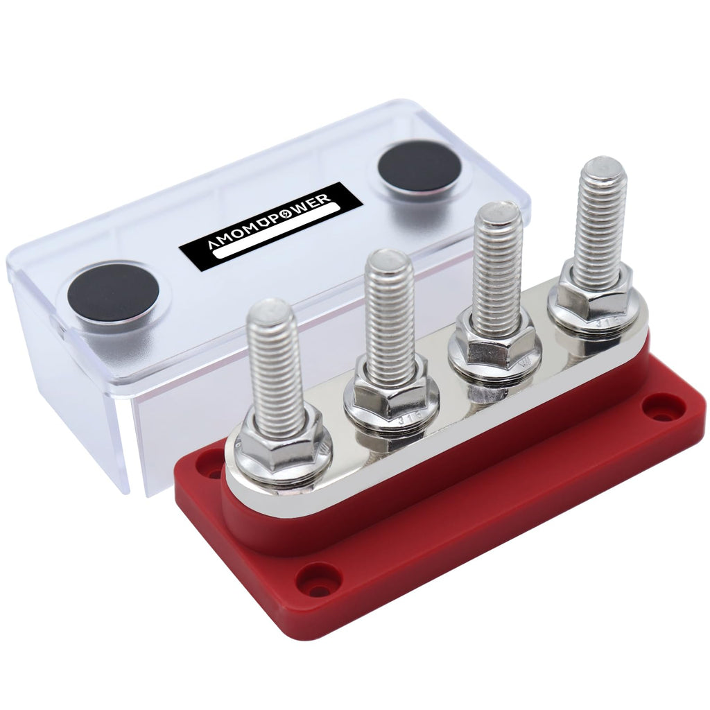  [AUSTRALIA] - AMOMD 300A PowerBars 4 Studs (3/8") M10 Nickel Plated Copper Electrical Common Bus Bars Terminal Block for Marine Battery Negative Ground Distribution Block Busbar 12-48v DC with Cover(Red) 300A-4Studs-M10-R