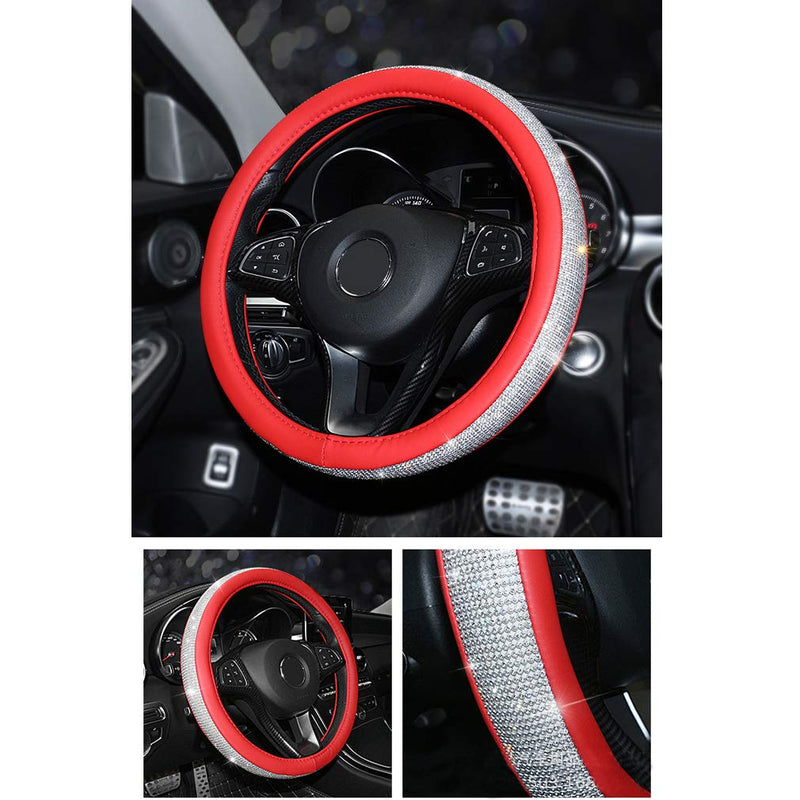  [AUSTRALIA] - coofig New Girly Diamond Steering Wheel Cover,with Soft PU Leather Bling Bling Rhinestones,15"（Red-White Diamond）