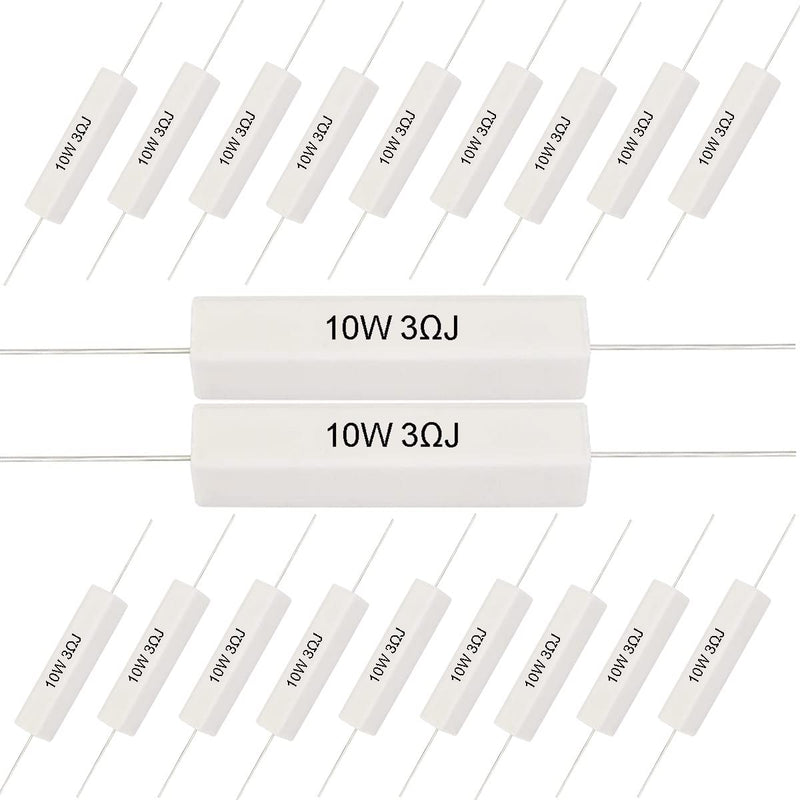  [AUSTRALIA] - Youmile 20pcs Ceramic Cement Resistor 10W 3 Ohm Resistor Power Resistor Resistor 5% Ceramic Wire Resistors Shockproof and Heat Resistant Axial Line Resistor White 10W 3 Ohm