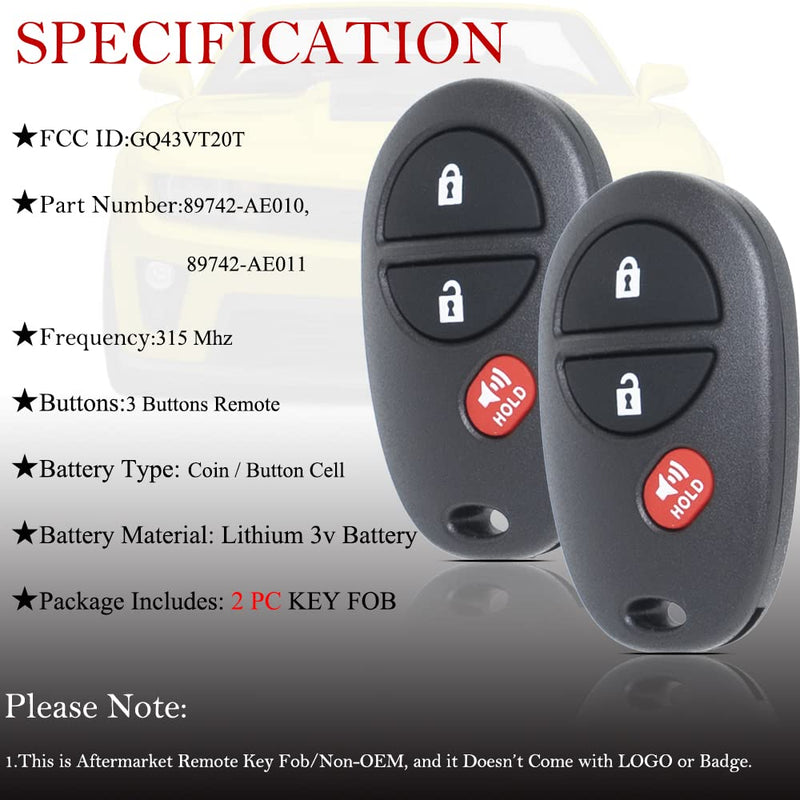  [AUSTRALIA] - Key Fob Remote Replacement Fits for Toyota Sienna 2004-2017/Tacoma 2005-2016/Sequoia 2008-2018/Tundra 2007-18/Highlander 2008-2013 GQ43VT20T Keyless Entry Remote Control 89742-AE010 89742-AE011(2PCS)