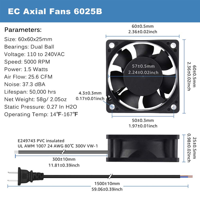  [AUSTRALIA] - GDSTIME EC Cooling Fan 60mm x 60mm x 25mm AC 110V 115V 120V 220V 240V Dual Ball Bearings 60x60x25mm