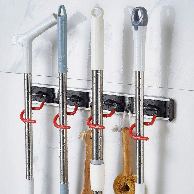  [AUSTRALIA] - QBOSO Wall Mounted Mop and Broom Holder Stainless Steel S Type Broom Rack Anti-Slip Mop Organizer (17 Inches ,4 Positions 3 Hooks , Red black)