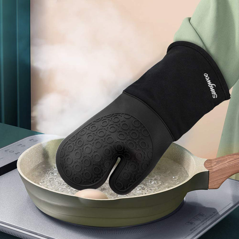  [AUSTRALIA] - Sungwoo Silicone Oven Mitts, Heat Resistant Oven Gloves with Quilted Liner Non-Slip Textured Grip Perfect for BBQ, Baking and Grilling - 13.8 Inch Black 13.8 inches