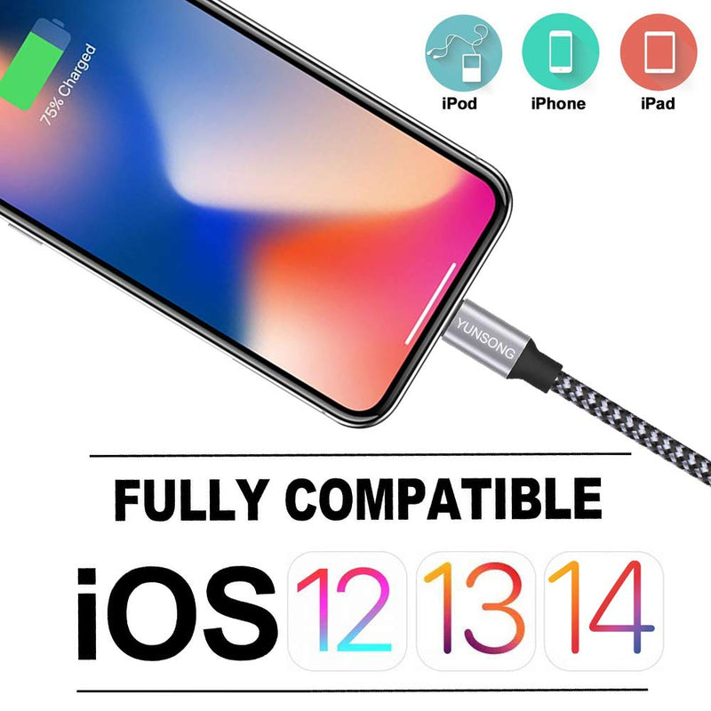  [AUSTRALIA] - iPhone Charger, YUNSONG 3Pack 6FT Nylon Braided Lightning Cable Fast Charging High Speed Data Sync USB Cord Compatible with iPhone 13 12 11 Pro Max XS XR X 8 7 6S 6 Plus SE 5S Grey