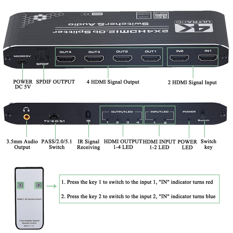  [AUSTRALIA] - Anber-Tech 4K HDMI Splitter 2x4, HDMI Switch 2 in 4 Out Switcher Box with Audio Extractor and IR Remote Control, Support Ultra 4K HDR,4Kx2K@60Hz, 3D, 1080P，HDMI 2.0b, HDCP 2.2