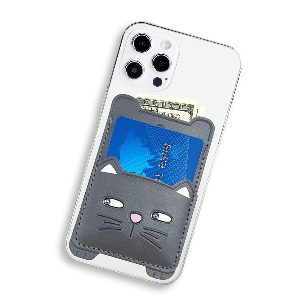  [AUSTRALIA] - Cell Phone Wallet,Gray Leather Cute Kitty, Secure Card Holder for iPhone, Android & Smartphones,Premium Leather,Adhesive Sleeve Pocket,Minimalist Design