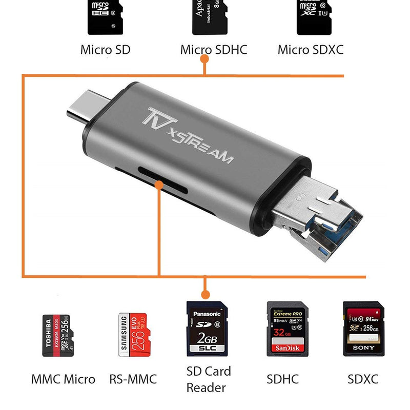 SD Card Reader, 3-in-1 USB 2.0 / USB C/Micro USB Card Reader - SD, Micro SD, SDXC, SDHC, Micro SDHC, Micro SDXC Memory Card Reader for MacBook PC Tablets Smartphones with OTG Function, Silver - LeoForward Australia