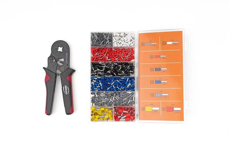  [AUSTRALIA] - Toolex Ferrule Crimping Tool Kit Self Adjusting Ratchet Crimper Pliers with 1200 pcs AWG 23-7 Terminal Connectors for Wiring Project, Red,Black
