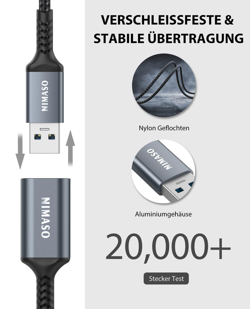  [AUSTRALIA] - Nimaso extension cable 2 pieces 2M, USB 3.0 extension cable A male to A female with nylon fabric jacket, 5Gbps ultra-fast transmission for card reader, keyboard, printer, scanner, camera 2m + 2m gray