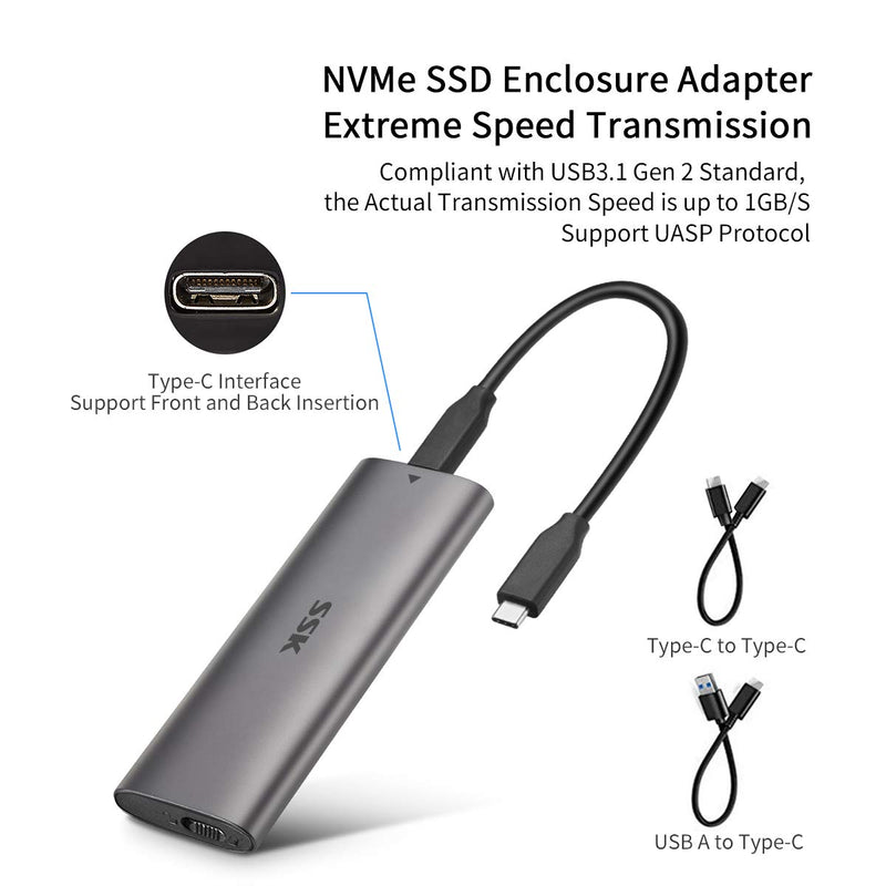  [AUSTRALIA] - SSK Aluminum USB C to M.2 NVMe SSD Tool-Free Enclosure Reader, USB 3.1/3.2 Gen 2(10Gbps) to NVMe PCI-E M-Key Solid State Drive External Adapter Support UASP Trim (Fits only NVMe SSDs 2242/2260/2280) Gray