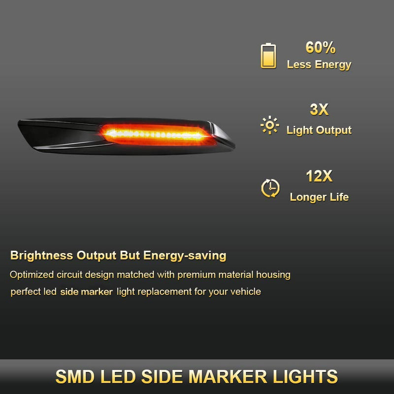 Gempro 2Pcs Sequential Amber LED Side Marker Turn Signal Light for BMW 1 3 5 Series E81 E82 E87 E88 E90 E91 E92 E93 E60 E61, Smoke Lens Style Black - LeoForward Australia