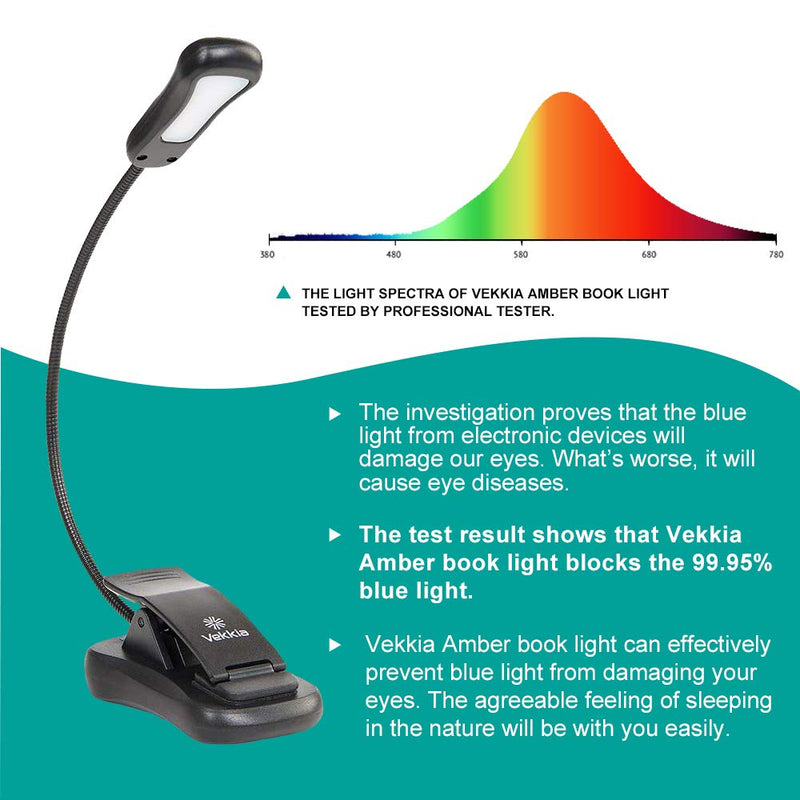  [AUSTRALIA] - Vekkia Amber Rechargeable 7 Led Eye-Care Book Light,Blue Light Blocking Reading Light,3 Levels,1600K for Strain-Free, Healthy Eyes.Up to 70 Hours Reading.for Bookworms. Black