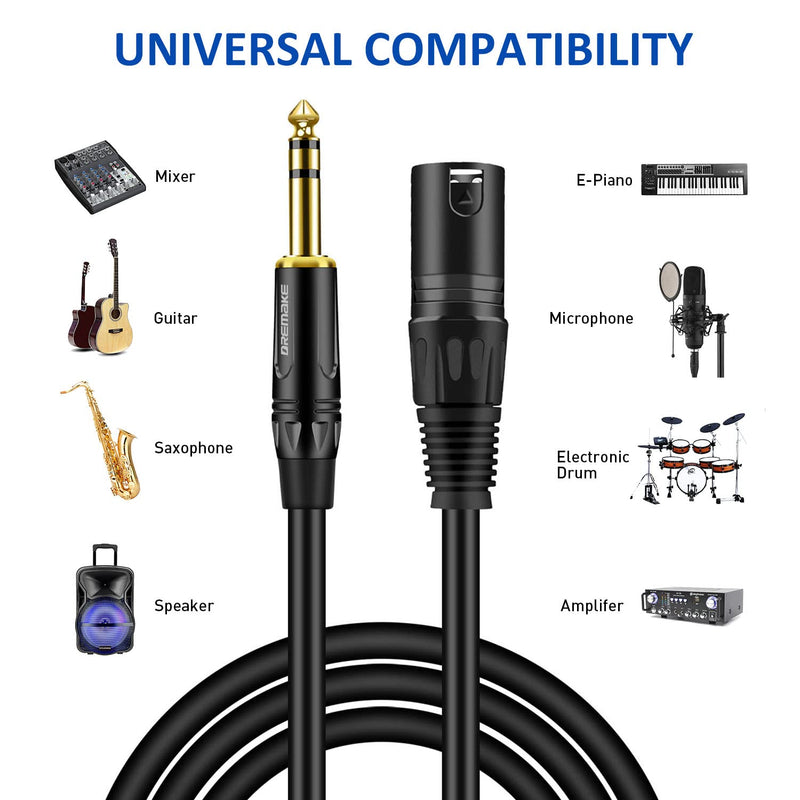  [AUSTRALIA] - 3 FT 6.35 mm 1/4 Inch TRS Male to XLR Male Audio Stereo Mic Cable - DREMAKE Gold Plated 1/4 Inch Male to XLR Male Balanced Cable for Microphones, Speakers, Stage, DJ and More - Black 3FT/1.0M