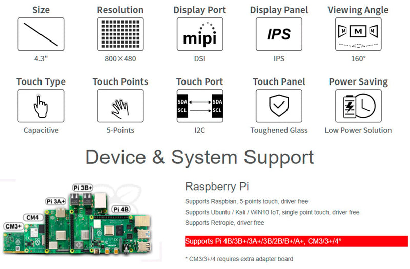  [AUSTRALIA] - 4.3 inch DSI LCD Display for Raspberry Pi 4B/3B+/3A+/3B/2B/B+/A+/Compute Module 3+/3/4, 800×480 Touchscreen Capacitive IPS Screen Monitor, Support Raspbian/Ubuntu/Kali /WIN10 IoT/Retropie 4.3inch DSI Capacitive Display