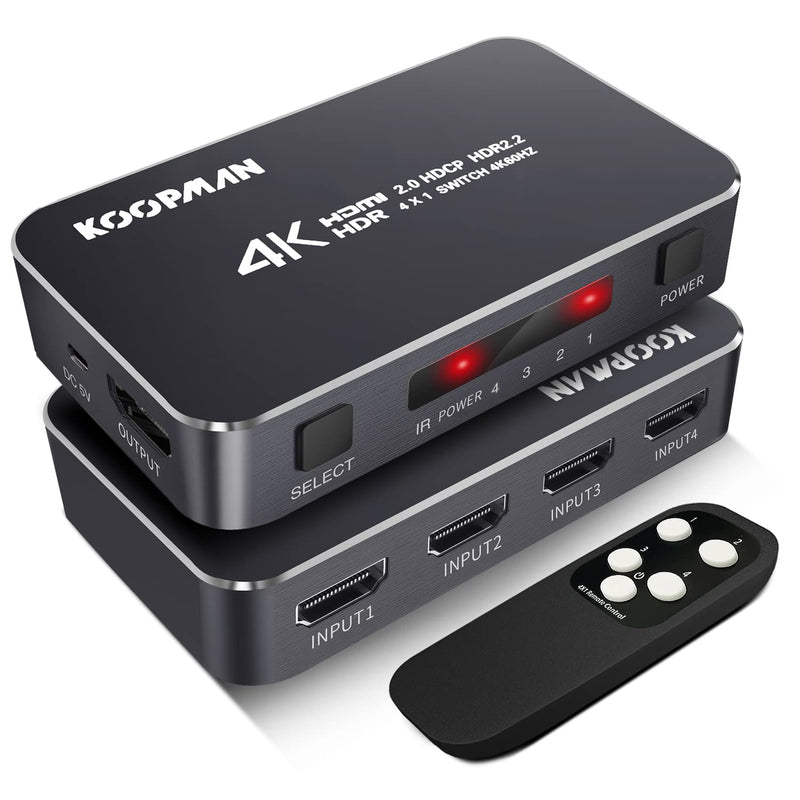  [AUSTRALIA] - 4K HDR HDMI Switch, Koopman 4 Ports 4K 60Hz HDMI 2.0 Switcher Selector with IR Wireless Remote, Supports UltraHD Dolby Vision, High Speed(Max to 18.5Gbps), HDR10, HDCP 2.2 & 3D