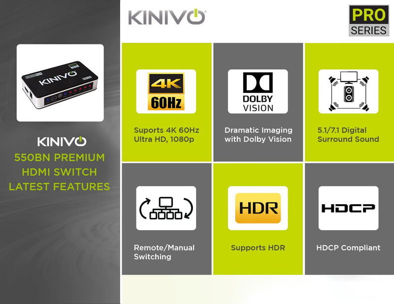  [AUSTRALIA] - Kinivo HDMI Switch 4K HDR (5 Port, 4K 60Hz, HDMI 2.0, High Speed-18Gbps, IR Remote) - Compatible with Roku, PS5/PS4, Xbox, Apple TV, Blu-ray Player, Cable Box 4K - 5 Port
