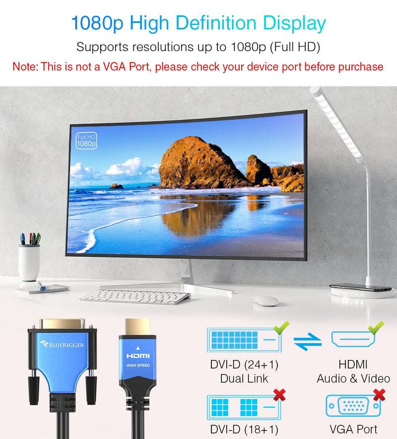  [AUSTRALIA] - BlueRigger HDMI to DVI Cable (6FT, High-Speed, Bi-Directional Adapter Male to Male, DVI-D 24+1, 1080p, Aluminum Shell) - Compatible with Raspberry Pi, Roku, Xbox One, PS5/PS4/PS3, Graphics Card 6FT