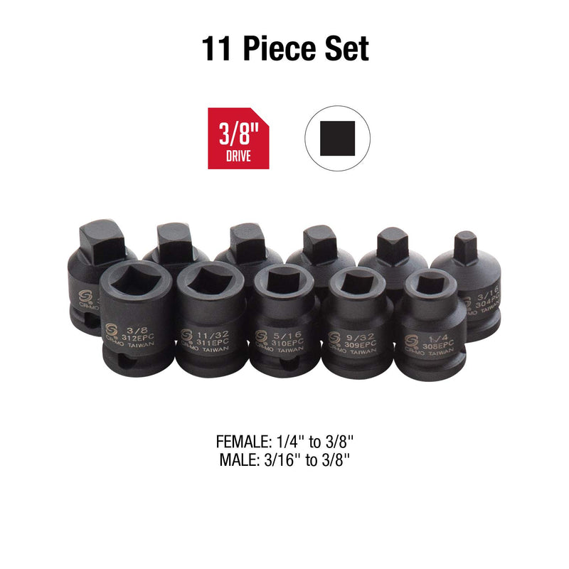 Sunex 3841, 3/8 Inch Drive Pipe Plug Socket Set, 11-Piece, SAE, 7/16" - 5/8", Cr-Mo Steel, Tapered Male Square Drive, Chamfered Female Square Drive, Heavy Duty Storage - LeoForward Australia